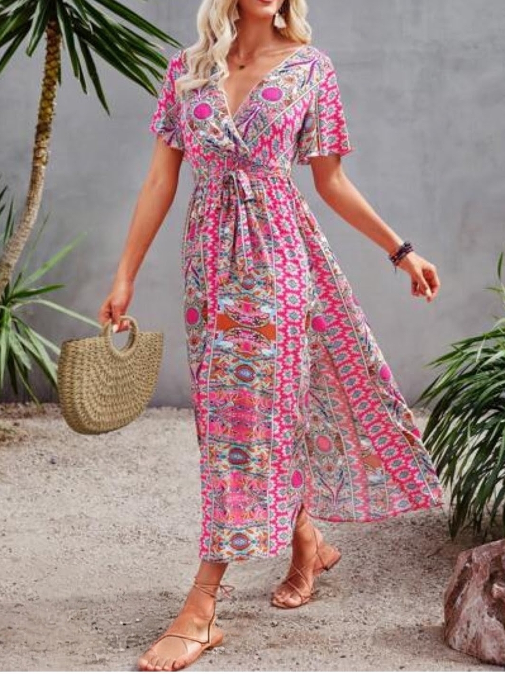 SHEIN Pink Floral Print Wrap Maxi Dress